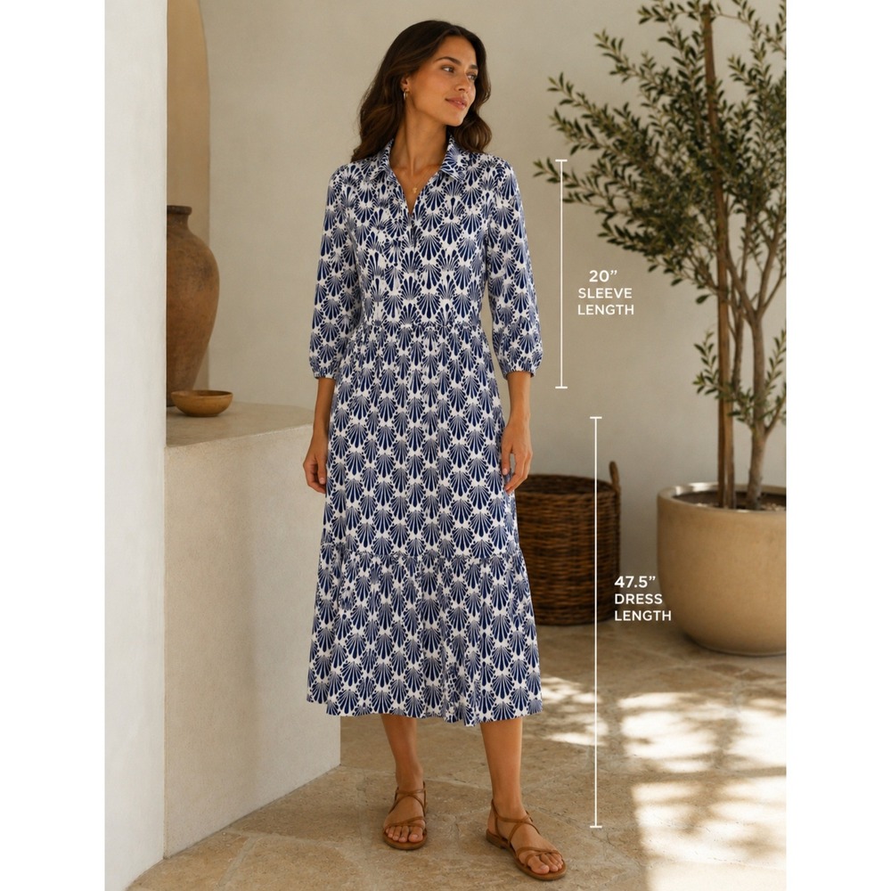 Tahari ASL Navy White Fan Geometric Art Deco Print Tiered Midi Shirtdress Small